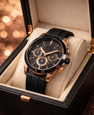 Men's Rose Gold Chronograph Watch with Black Silicone Strap – Luxury Sport Edition