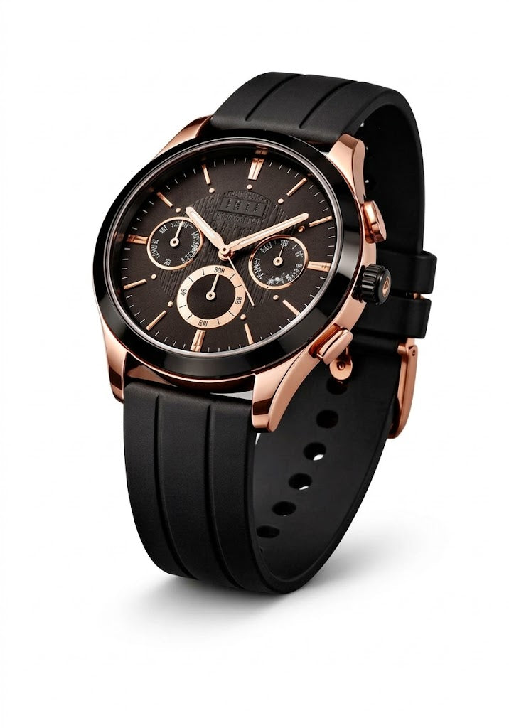 Men's Rose Gold Chronograph Watch with Black Silicone Strap – Luxury Sport Edition