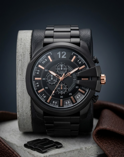 Onyx Commander Men’s Matte Black Chronograph Watch – Rose Gold Accents, Stainless Steel Link Bracelet, Water Resistant Military Style Timepiece