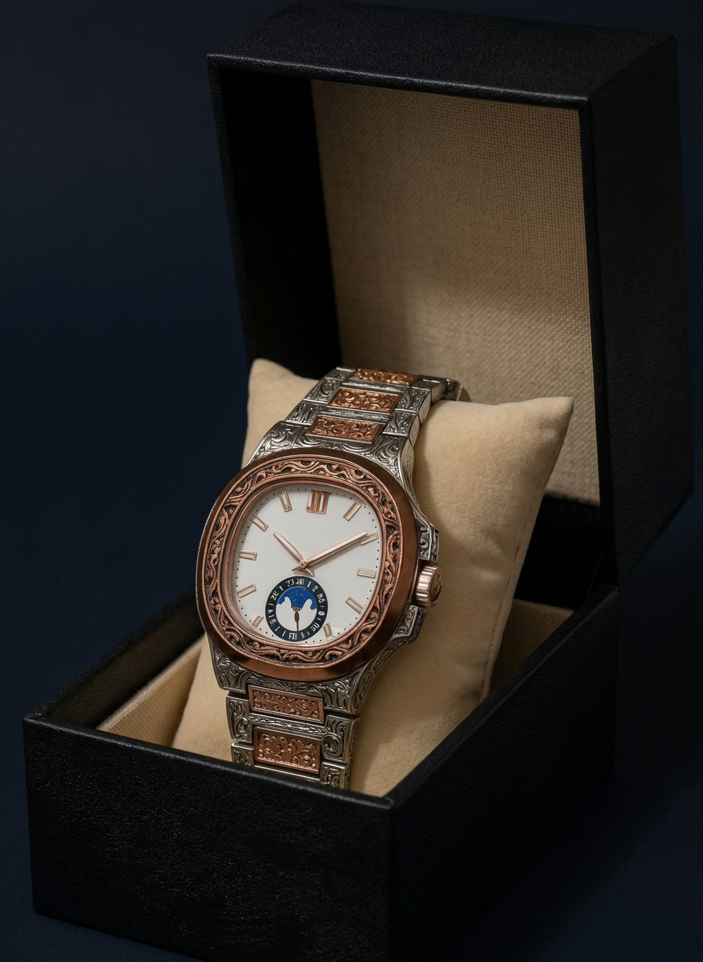 IIK Collection 50mm Men’s Analog Watch - Ornate Silver & Rose Gold Two-Tone Engraved Metal Strap