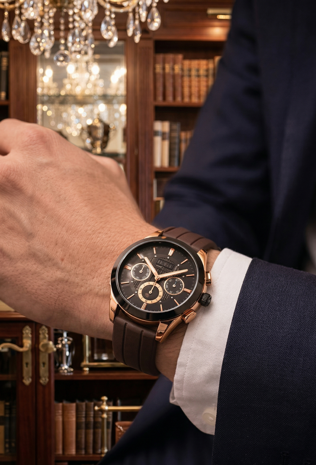 Men's Rose Gold Chronograph Watch with Black Silicone Strap – Luxury Sport Edition