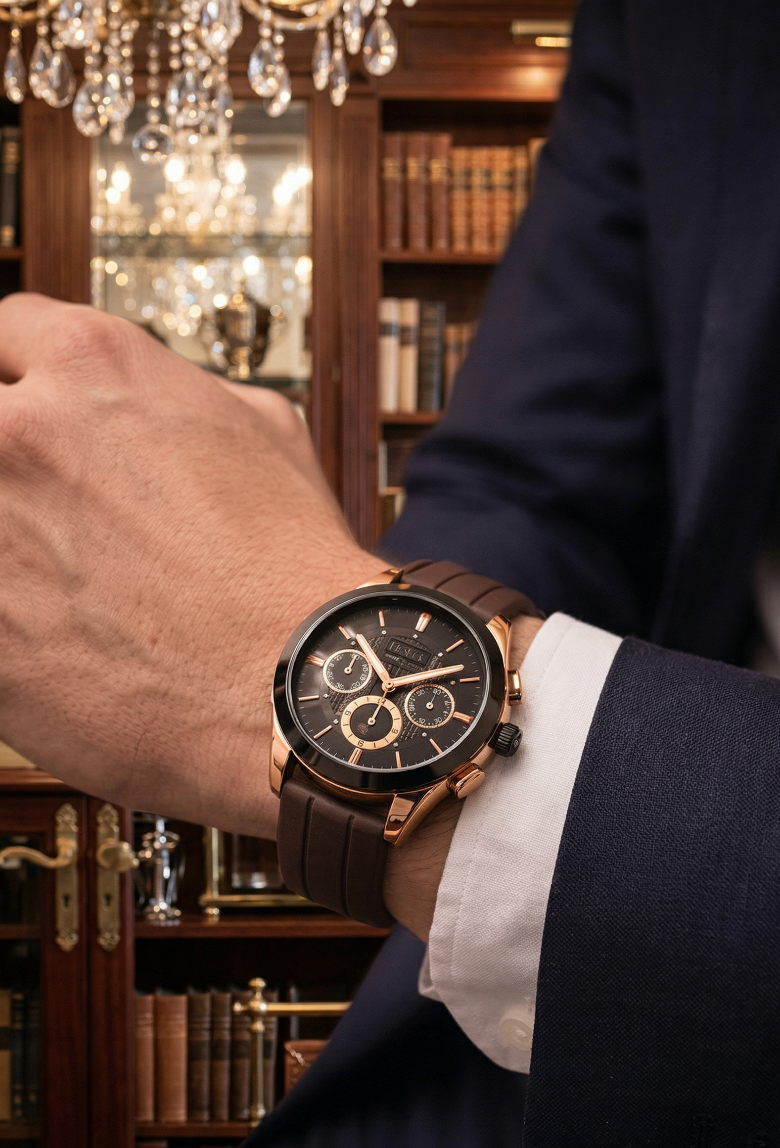 Men's Rose Gold Chronograph Watch with Black Silicone Strap – Luxury Sport Edition