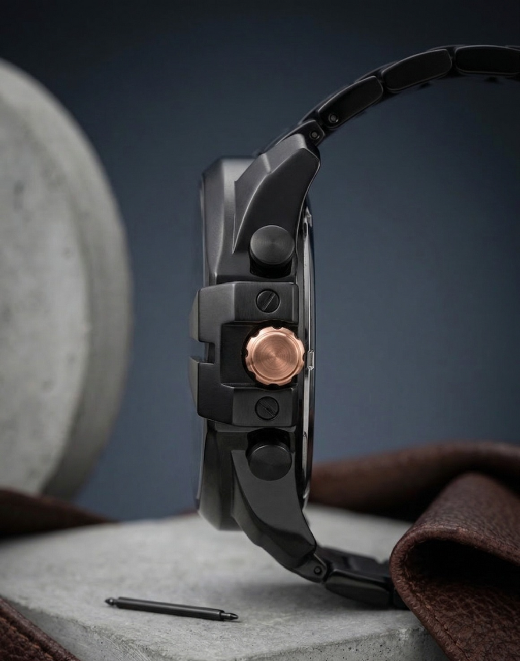Onyx Commander Men’s Matte Black Chronograph Watch – Rose Gold Accents, Stainless Steel Link Bracelet, Water Resistant Military Style Timepiece