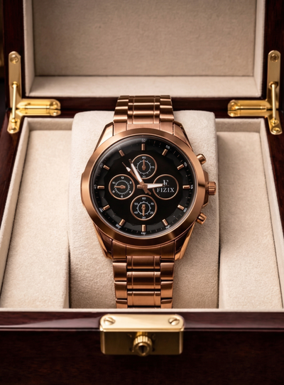 Fizix Rose Gold Chronograph Men’s Watch – Black Dial Luxury Edition