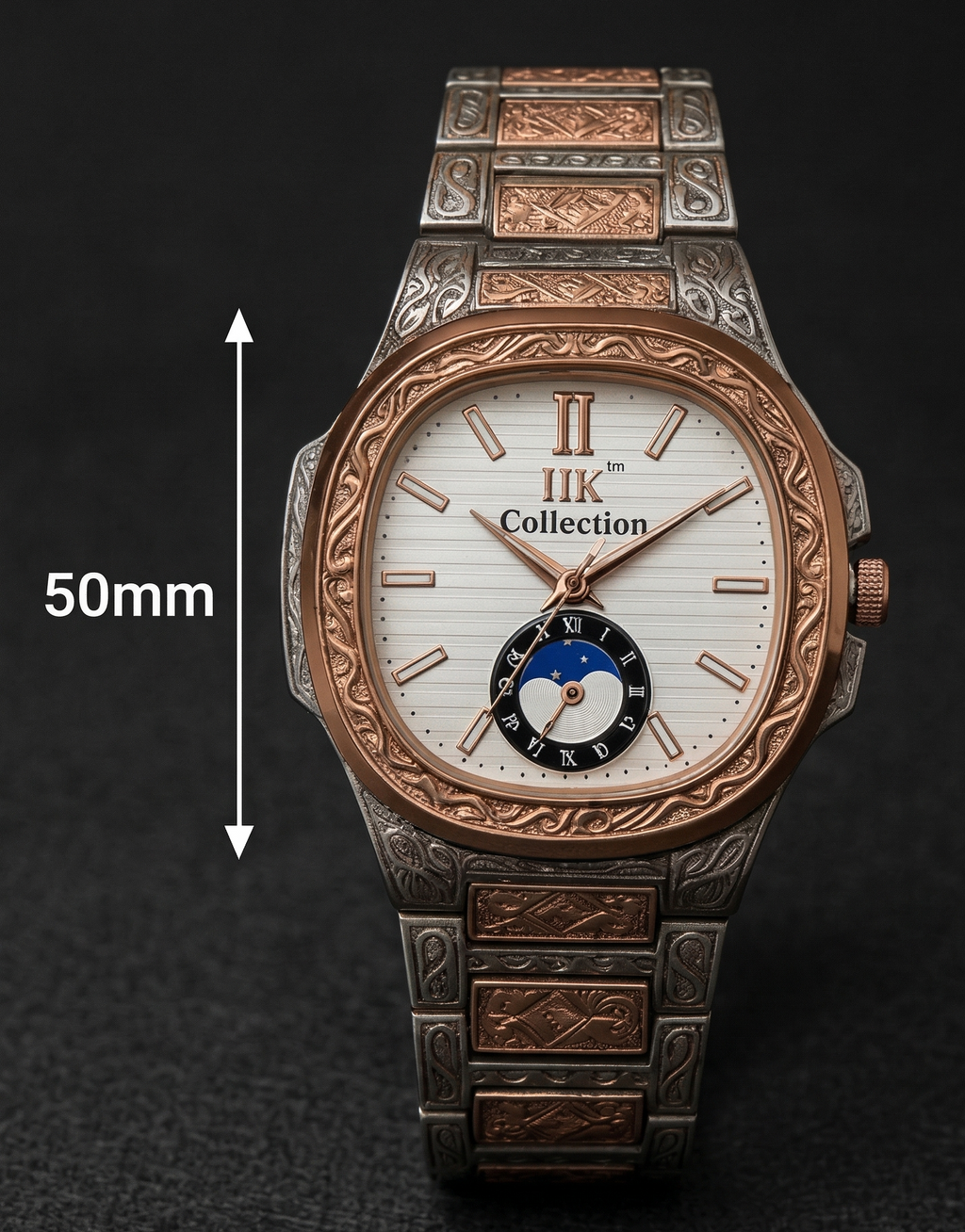 IIK Collection 50mm Men’s Analog Watch - Ornate Silver & Rose Gold Two-Tone Engraved Metal Strap