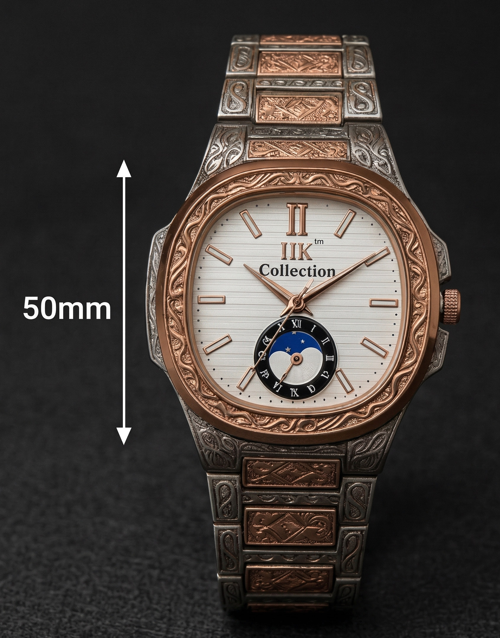 IIK Collection 50mm Men’s Analog Watch - Ornate Silver & Rose Gold Two-Tone Engraved Metal Strap