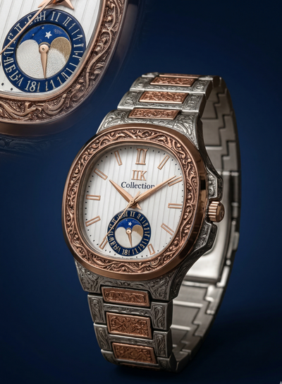 IIK Collection 50mm Men’s Analog Watch - Ornate Silver & Rose Gold Two-Tone Engraved Metal Strap