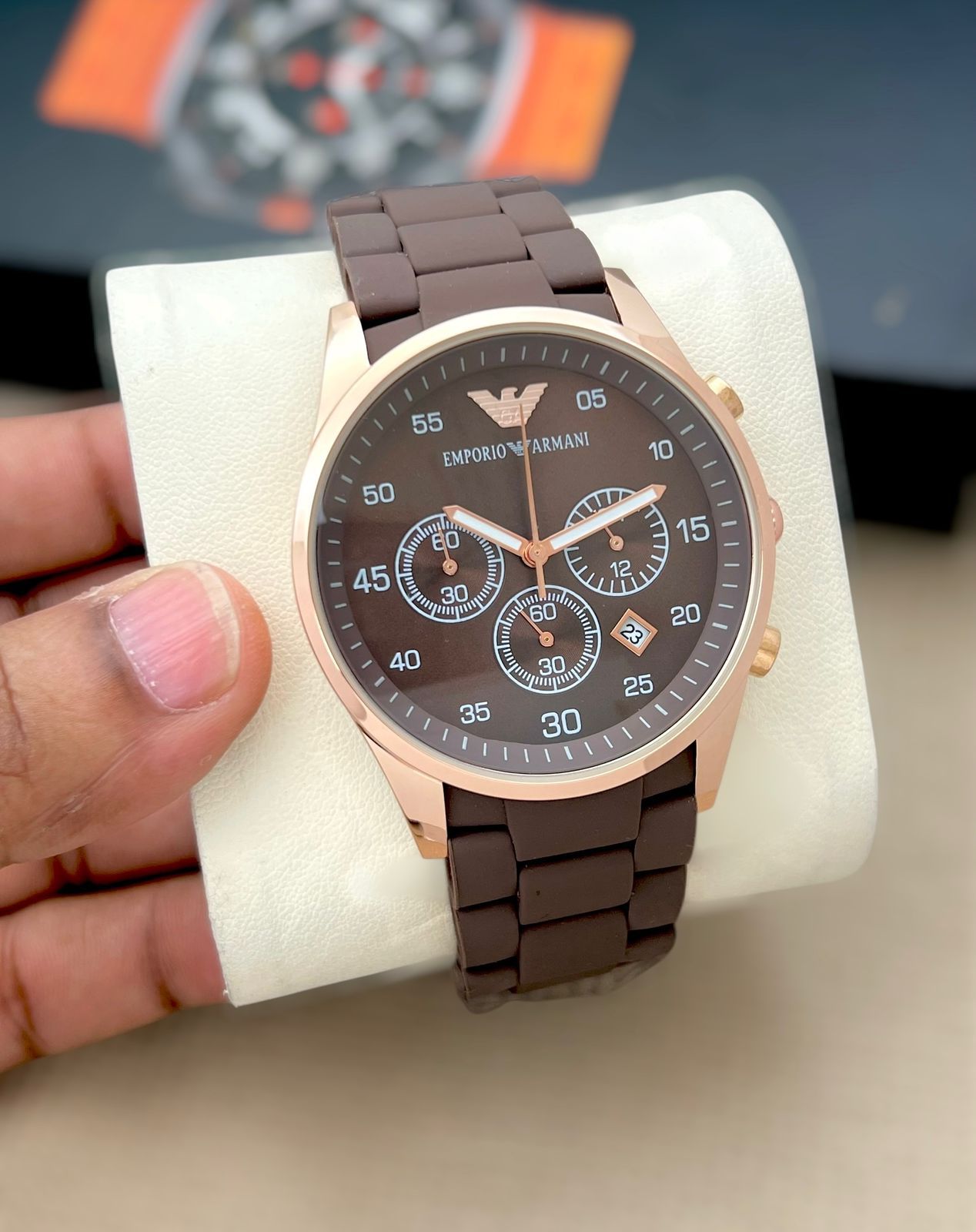 Emporio Armani Men's Chronograph Watch – Premium Rubber Strap Stylish Designer Timepiece (Blue)
