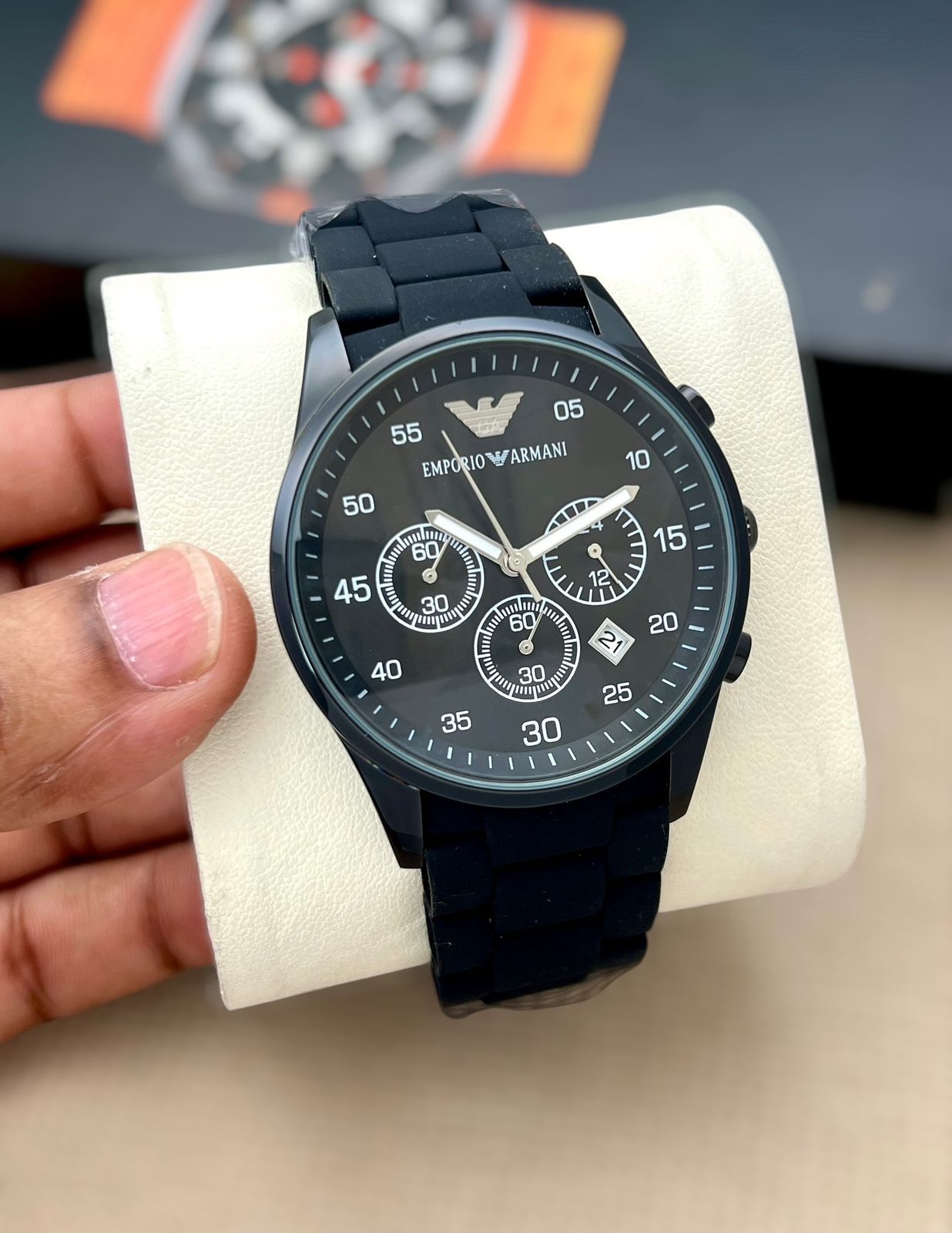 Emporio Armani Men's Chronograph Watch – Premium Rubber Strap Stylish Designer Timepiece (Blue)