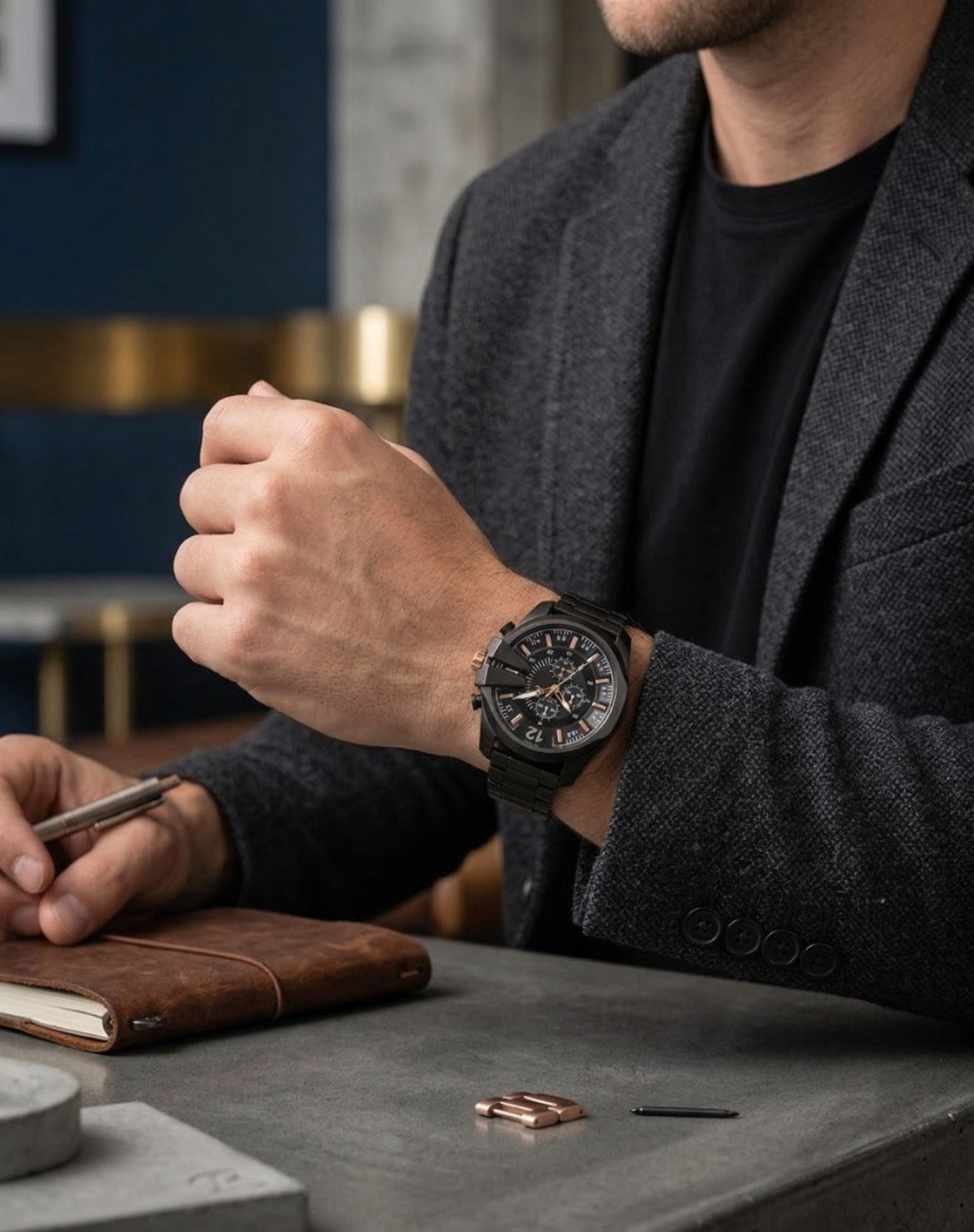 Onyx Commander Men’s Matte Black Chronograph Watch – Rose Gold Accents, Stainless Steel Link Bracelet, Water Resistant Military Style Timepiece