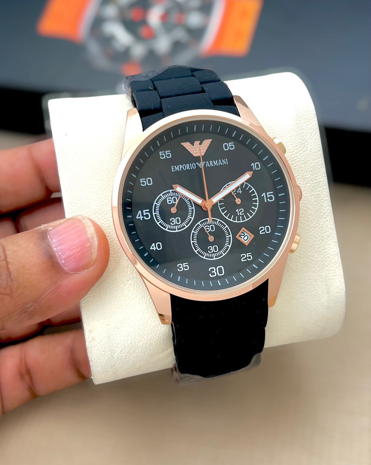 Emporio Armani Men's Chronograph Watch – Premium Rubber Strap Stylish Designer Timepiece (Blue)