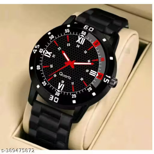 Men's Luxury Black Analog Watch - Sporty Red Accents & Roman Numeral Dial with Premium Matte Black Chain Strap