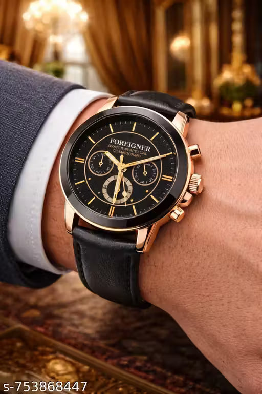 Foreigner Premium Analog Men’s Watch | Stylish Black Dial | Leather Strap | Chronograph Look