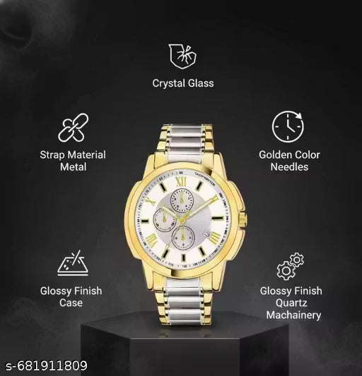 Exclusive Premium Silver Plated Dial & Gold Two‑Tone Chain Date Functioning Analog Watch for Men (SMW‑440GP Two‑Tone)