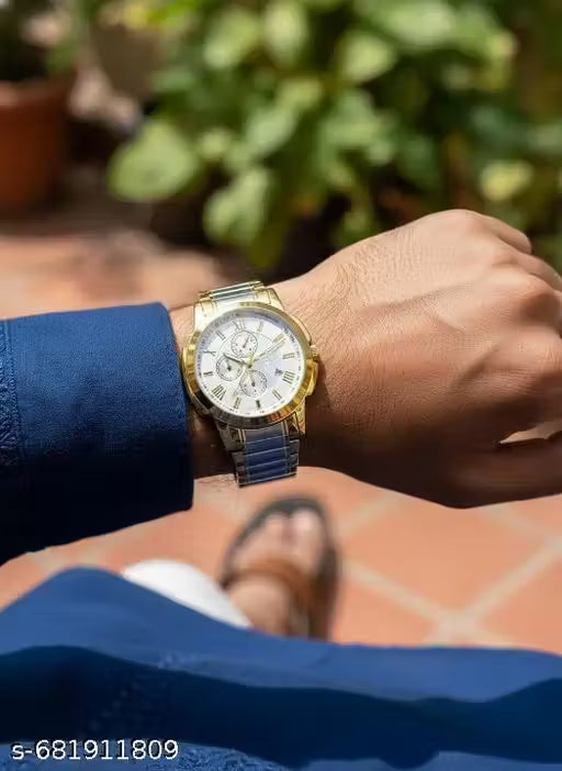 Exclusive Premium Silver Plated Dial & Gold Two‑Tone Chain Date Functioning Analog Watch for Men (SMW‑440GP Two‑Tone)