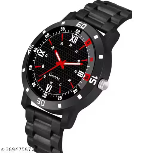 Men's Luxury Black Analog Watch - Sporty Red Accents & Roman Numeral Dial with Premium Matte Black Chain Strap