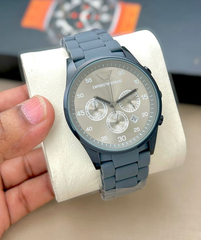 Emporio Armani Men's Chronograph Watch – Premium Rubber Strap Stylish Designer Timepiece (Blue)