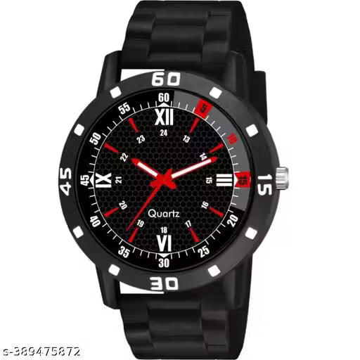 Men's Luxury Black Analog Watch - Sporty Red Accents & Roman Numeral Dial with Premium Matte Black Chain Strap