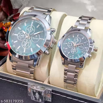 Trendy Couple Watch Stainless Steel Combo – Party / Wedding Gift Set for Men & Women