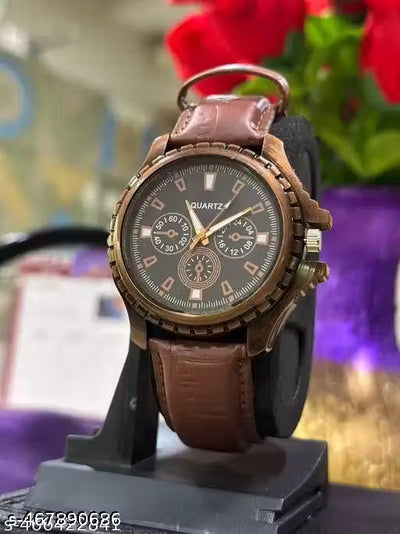 Premium Bronze-Tone Designer Wristwatch for Men - Textured Brown Leather Band & Elegant Multi-Dial Face