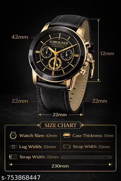 Foreigner Premium Analog Men’s Watch | Stylish Black Dial | Leather Strap | Chronograph Look